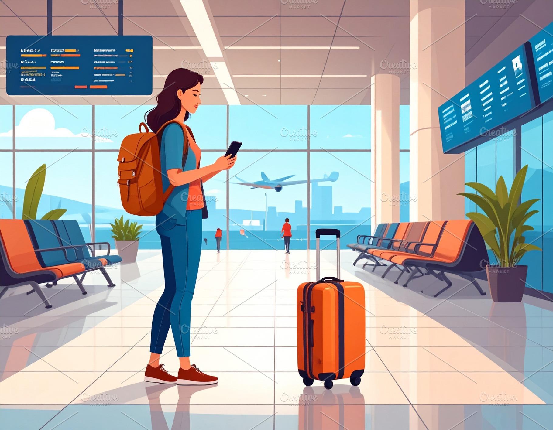 Young woman with luggage at the airport terminal illustration, a Person Photo by DanFLCreativo