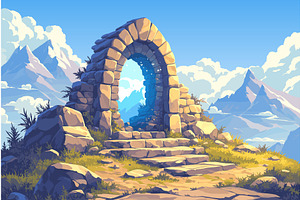 Cartoon ancient stone magical portal, an Illustration by LadadikArt