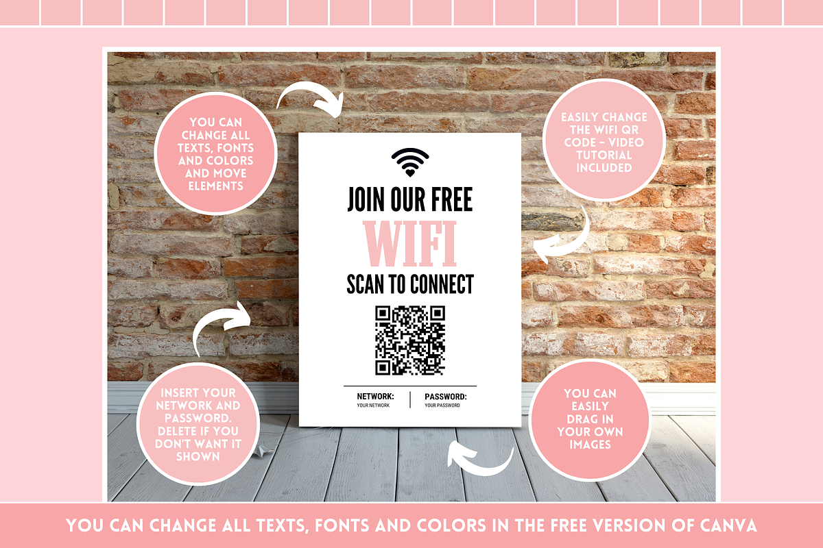 Pink & Black WiFi QR Code Sign, a Stationery Template by SunshineStudioBoutique (Photo 6 of 10)