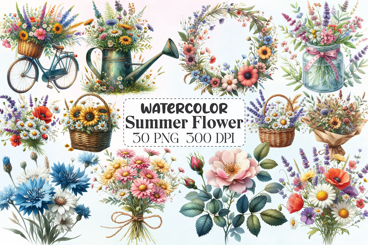 Watercolor Summer Flower Clipart, an Illustration by CraftArtStudio (Photo 1 of 6)