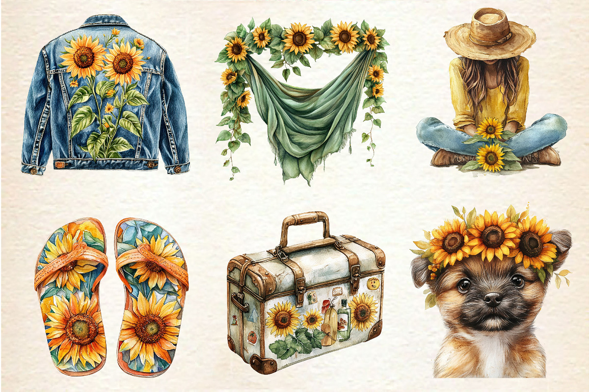 Watercolor Summer Sunflower Clipart, an Illustration by Dream Creation (Photo 2 of 6)