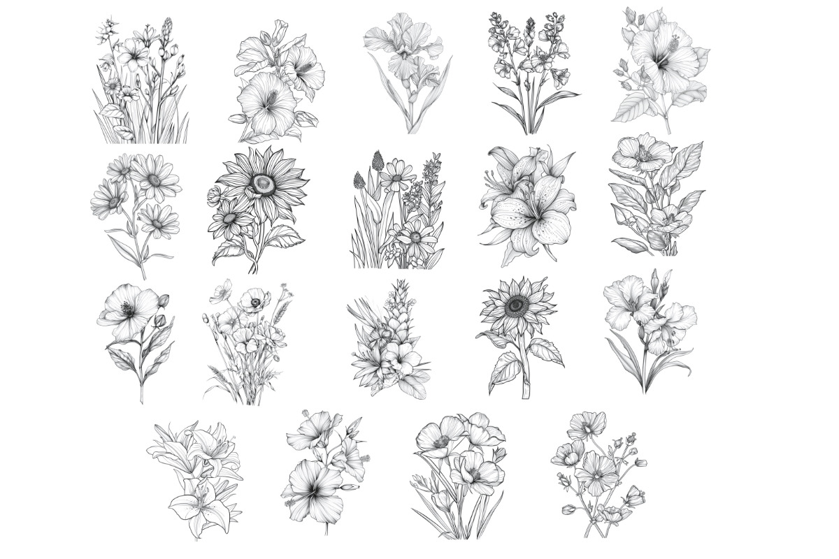 Floral Flower Set 12 Procreate Brush, a Brush Add-On by Disasterology Ink