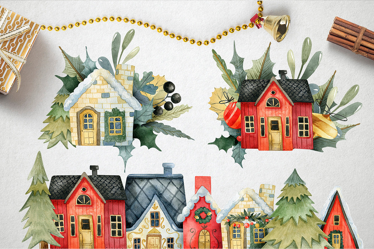 Watercolor Christmas Houses, an Illustration by annasokol_ (Photo 2 of 9)