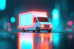 LED-branded van unloading in an urban setting during nighttime, a Transportation Photo by AlyaAnd