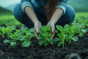 Farmer planting a plant on a field, early spring time, a Nature Photo by AlyaAnd