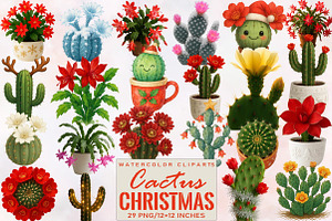 Watercolor Christmas Cactus Clipart, an Illustration by SVGArt