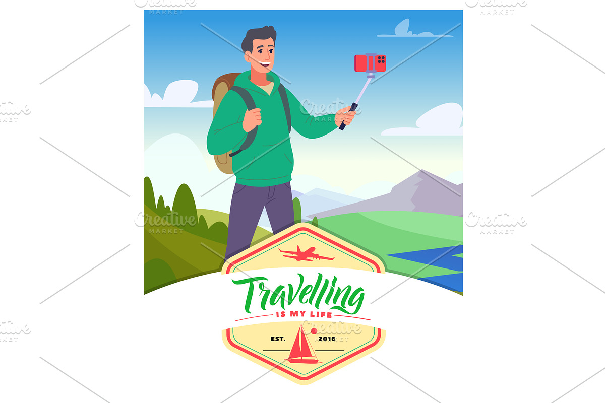 Selfie. traveller making photo on, an Illustration by Onyx