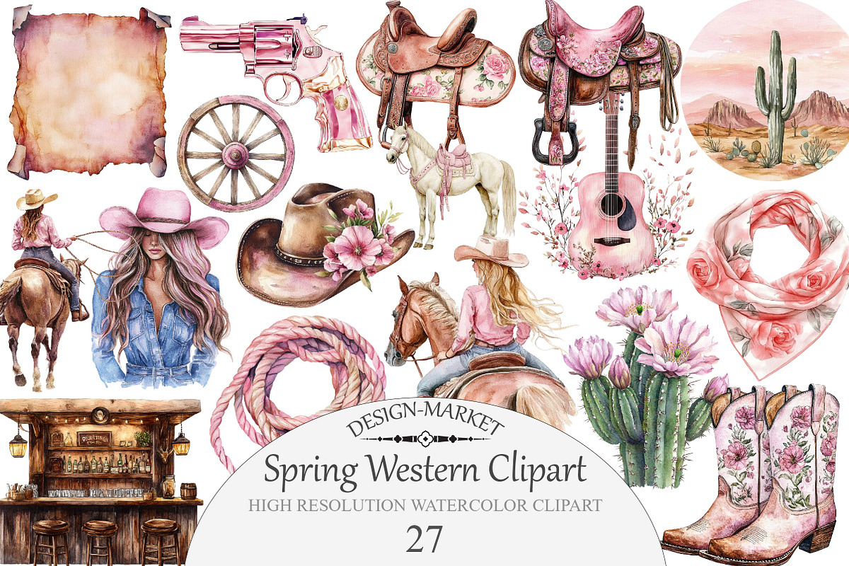 Watercolor Spring Western Clipart, an Illustration by Design Market (Photo 1 of 3)