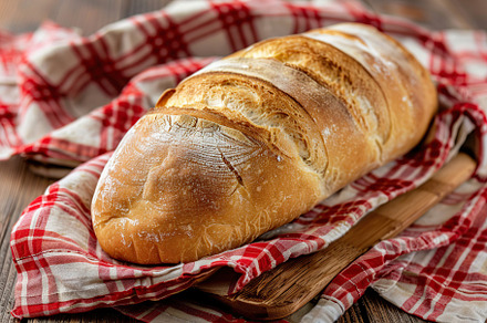 Freshly baked bread with red napkin on wooden table, a Food & Drink Photo by AlyaAnd
