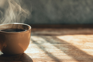 Close up of a steaming cup of coffee, a Food & Drink Photo by MistyDay