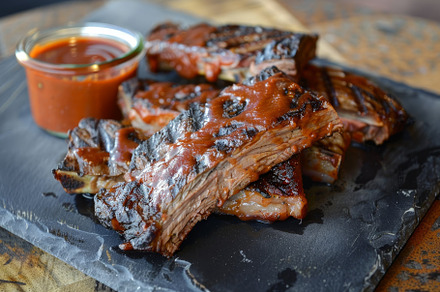 White plate with slices of Tritip st, a Photo by Iftikhar Alam