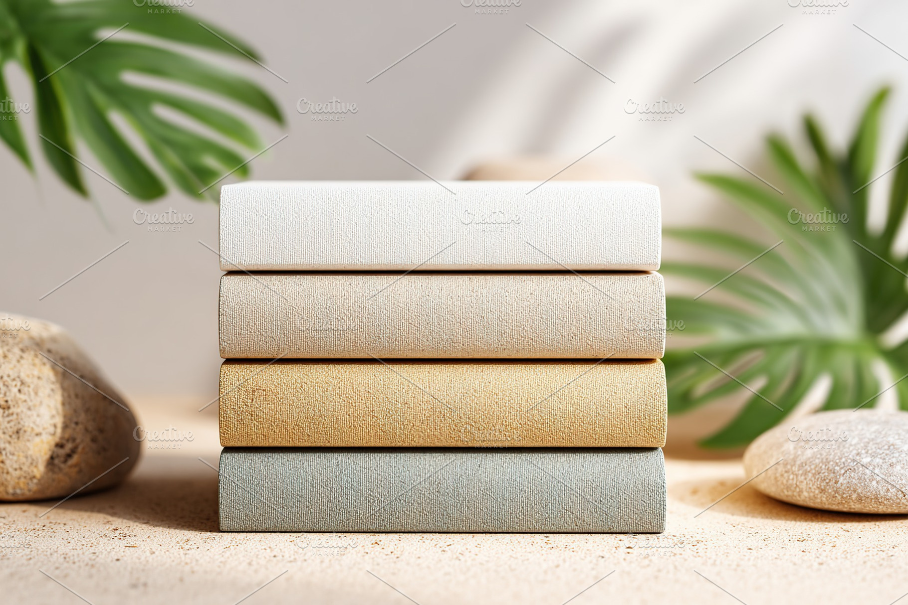 Vertical stack of four soft-covered books against a tropical background showcas, a Photo by AlyaAnd