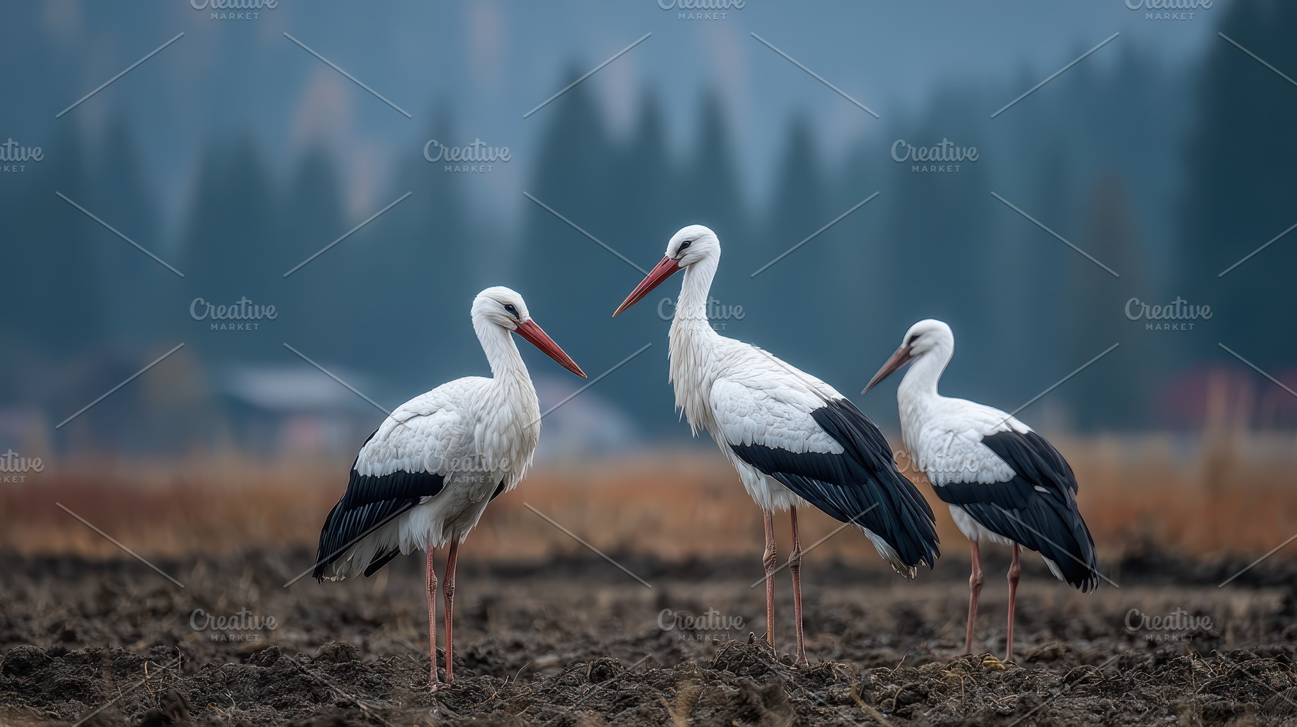 Three white storks in a field nature, a Photo by Pixeness Studio