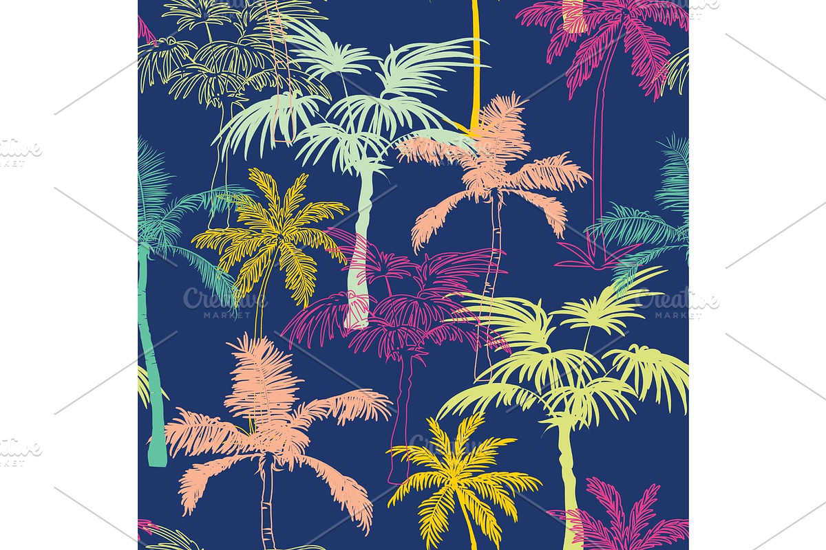 Vector Dark Blue Colorful Geometric Palm Trees Repeat Seamless Pattern Background. Can Be Used For Fabric, Wallpaper, Stationery, Packaging., a Decorative Illustration by Oksancia's Surface Design