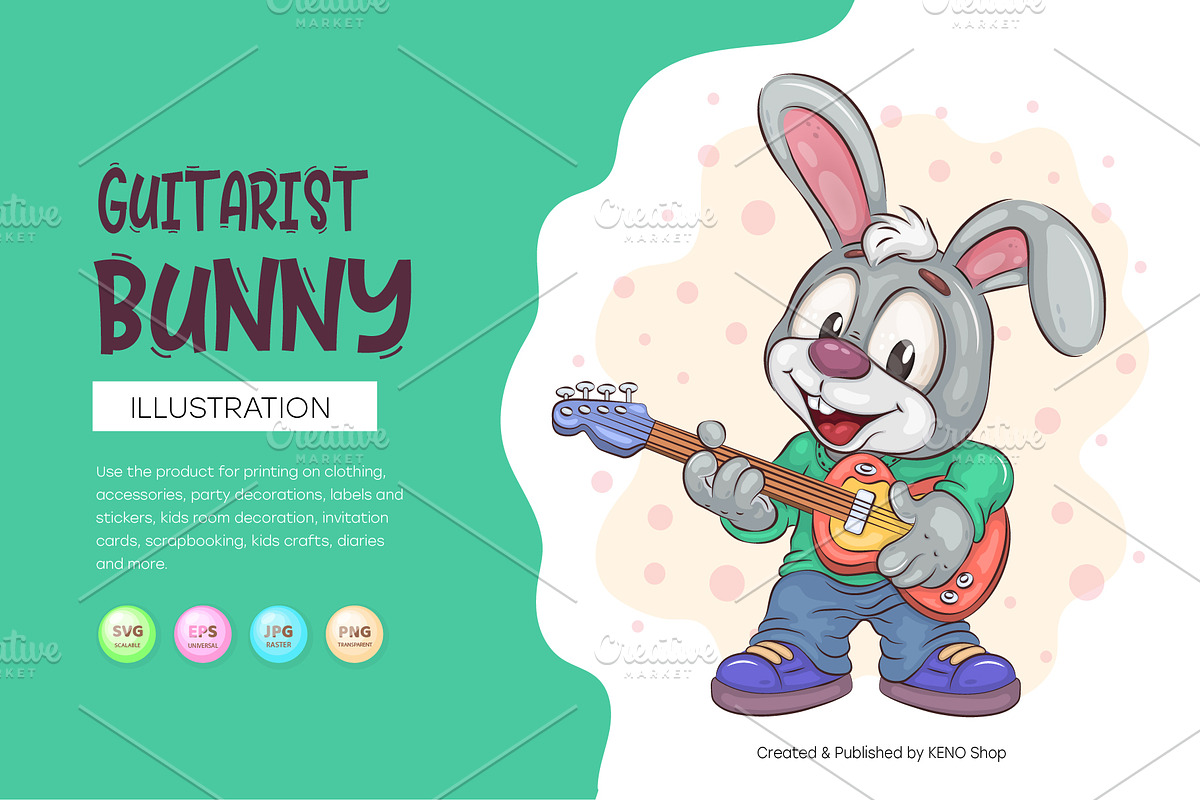 Cartoon Bunny Guitarist. T-Shirt SVG, an Animal Illustration by KENO Mascots (Photo 1 of 3)