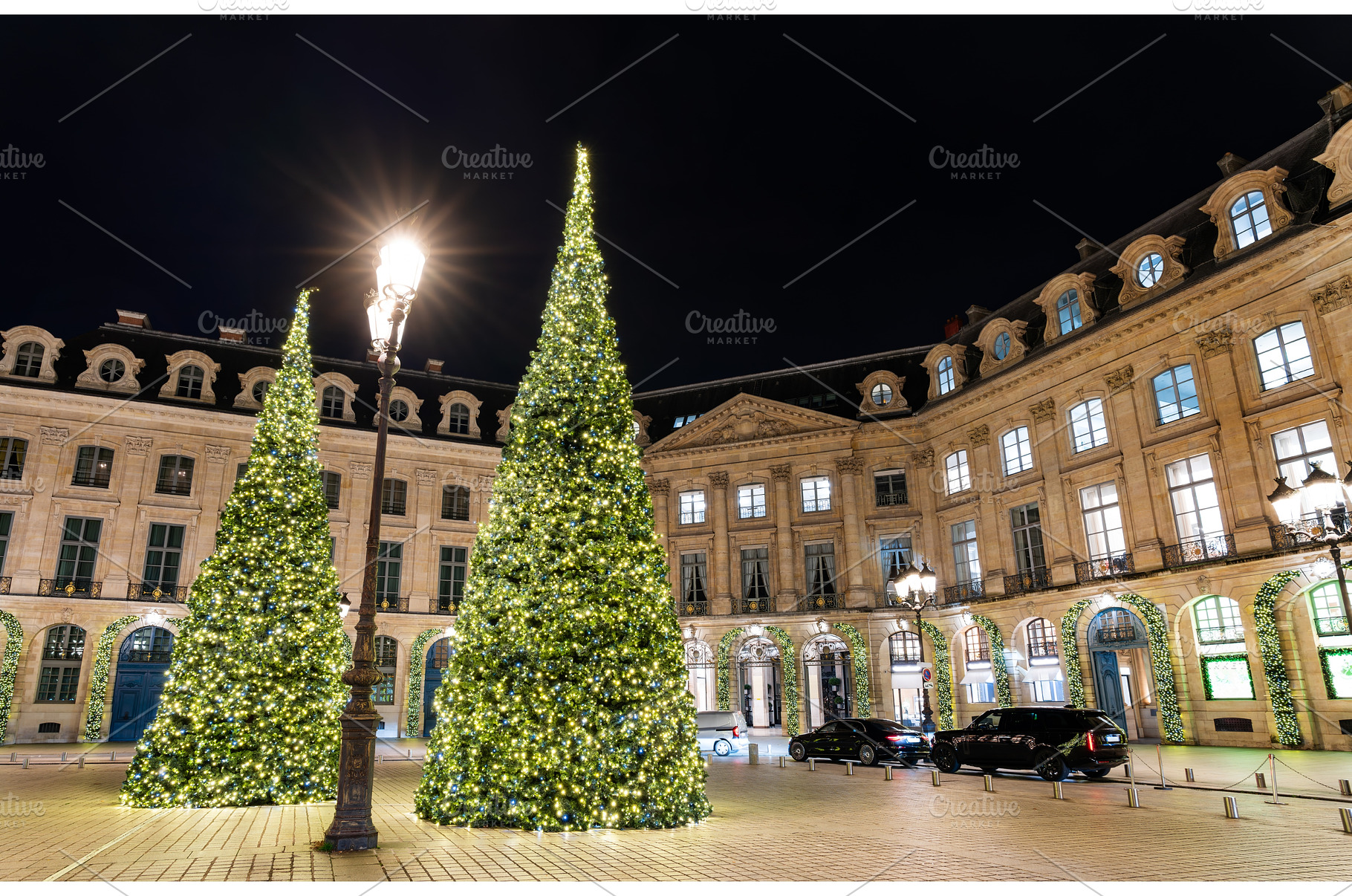 Illuminated Christmas trees at Place, an Architecture Photo by Leonid Andronov