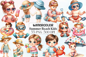 Watercolor Summer Beach Kids Clipart, an Illustration by CraftArtStudio