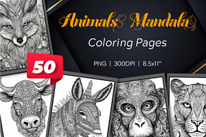 50 Animals Mandala Coloring Pages, a Poster Template by Blue Digital Studio