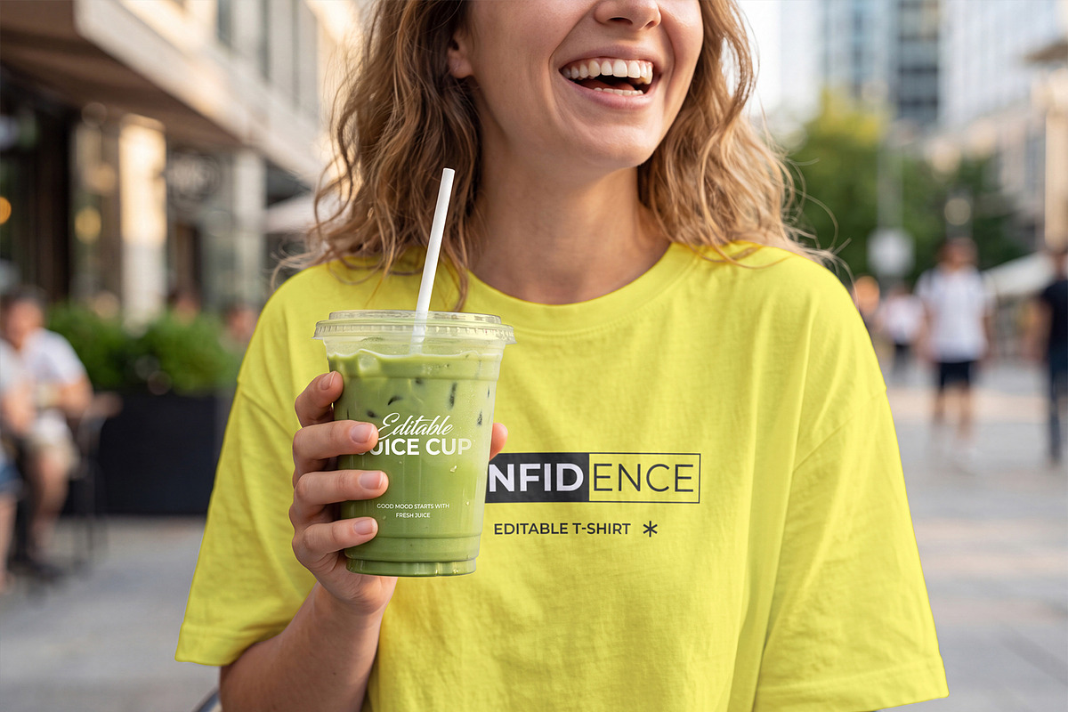T-Shirt Mockup with Iced Juice Cup, a Shirt Mockup by graphypix (Photo 1 of 4)