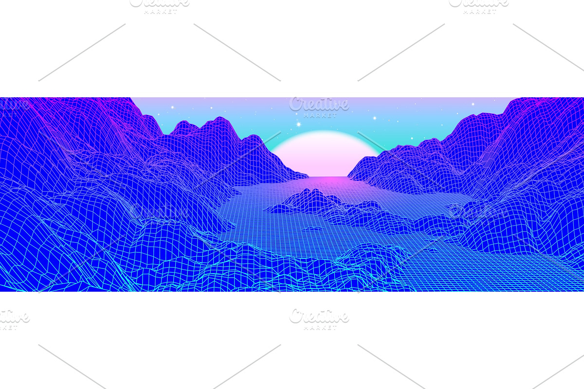 Neon grid landscape and sun with 80s, an Illustration by Swillklitch