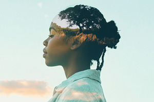 Double exposure of an indigenous woman with serene sky backgroun, a Photo by Dvoevnore photos