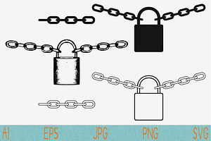 Padlock With Chain Svg Set Vector