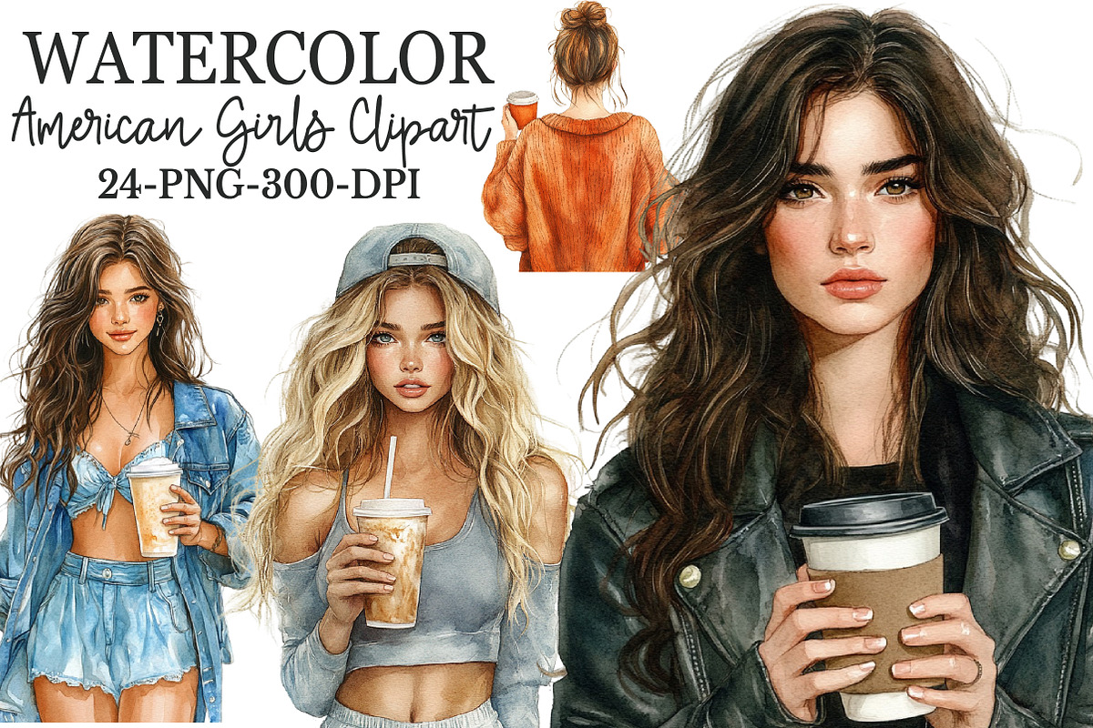 American Girls with coffee clipart, an Illustration by Rose Art (Photo 1 of 7)