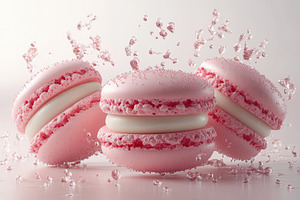Pink macarons with water droplets ca, a Photo by Tanuart