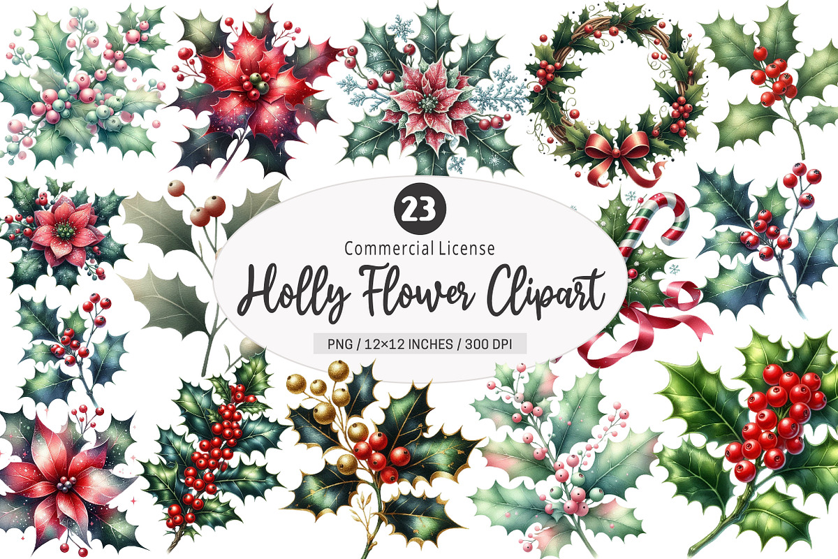 Holly Flower Watercolor Clipart, an Illustration by SinaCreation (Photo 1 of 5)