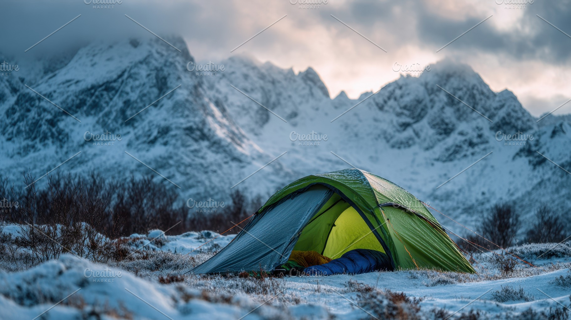 Camping in snowy mountains, a Photo by Beautiful things