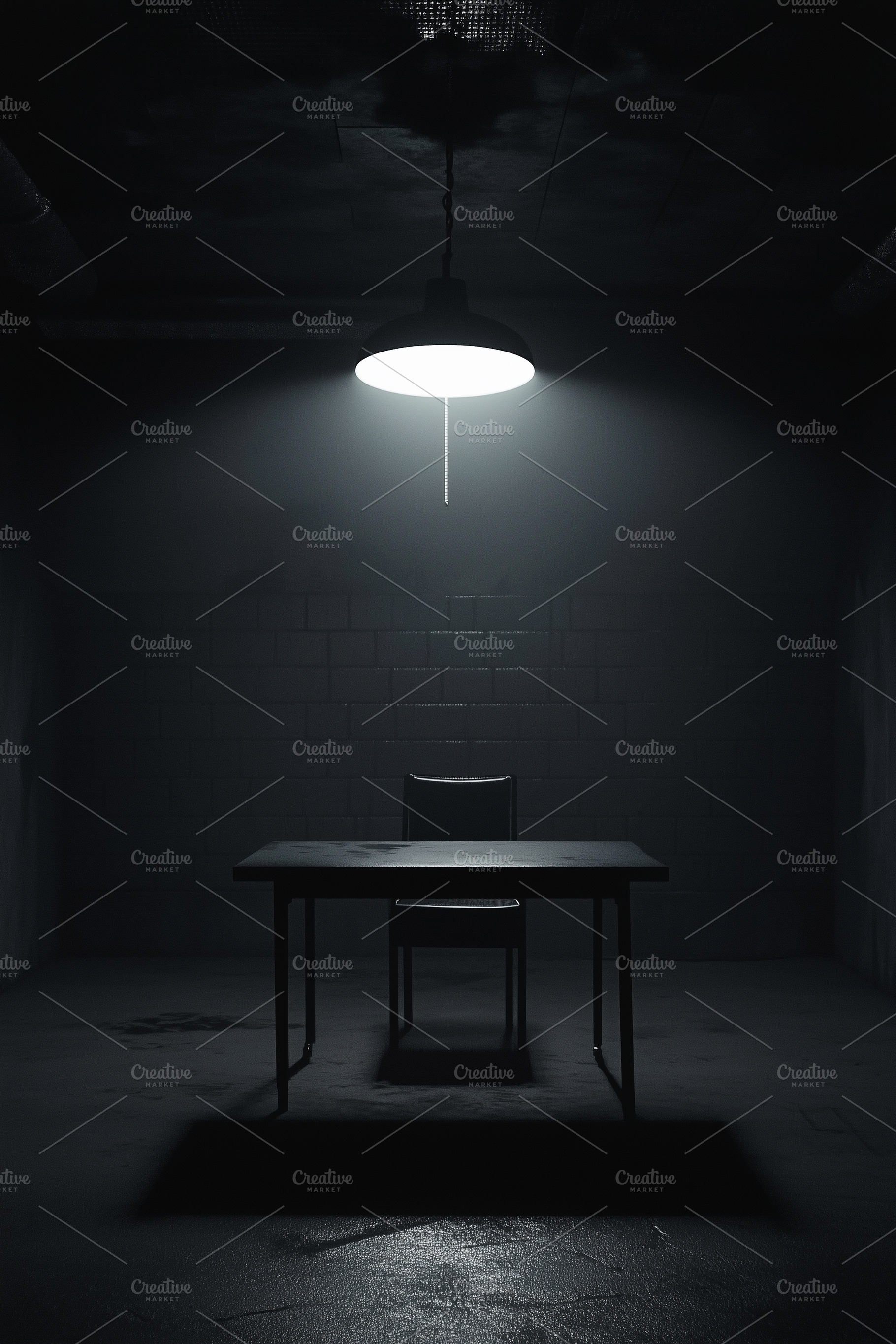 Dimly lit empty interrogation room, an Architecture Photo by MistyDay