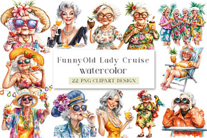 Funny Watercolor Old Lady Cruise Cli, an Illustration by DreamArtGraphic