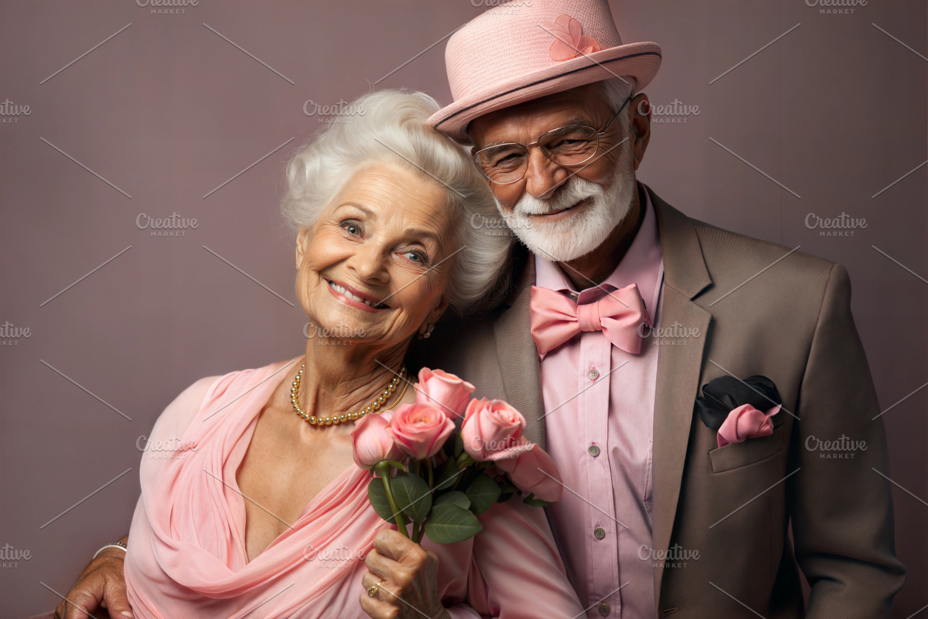 Elderly couple smiling with flowers, dressed in pink and beige o, a Person Photo by ImageMir
