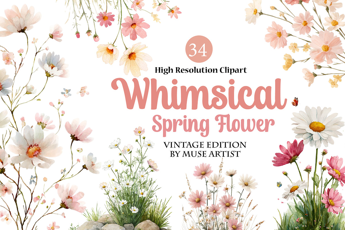 Whimsical Spring Flower Clipart, an Illustration by DreamArtGraphic (Photo 1 of 4)