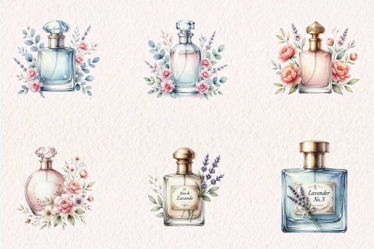 Vintage Perfume Bottles Watercolor, a Seasonal Illustration by CreationArt (Photo 2 of 8)