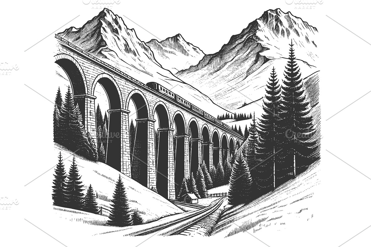 Mountain Railway Viaduct engraving, a Transportation Illustration by AlexArt