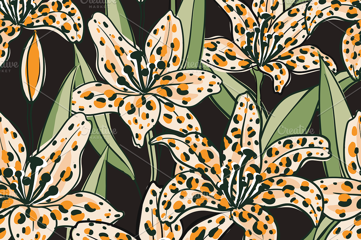 Mysterious Tiger Lilies (seamless), a Pattern Graphic by Uminoki (Photo 2 of 6)