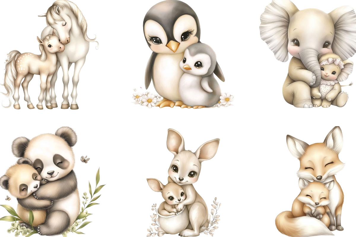 Mom and Baby Animals Clipart Bundle, an Animal Illustration by Designking (Photo 2 of 5)