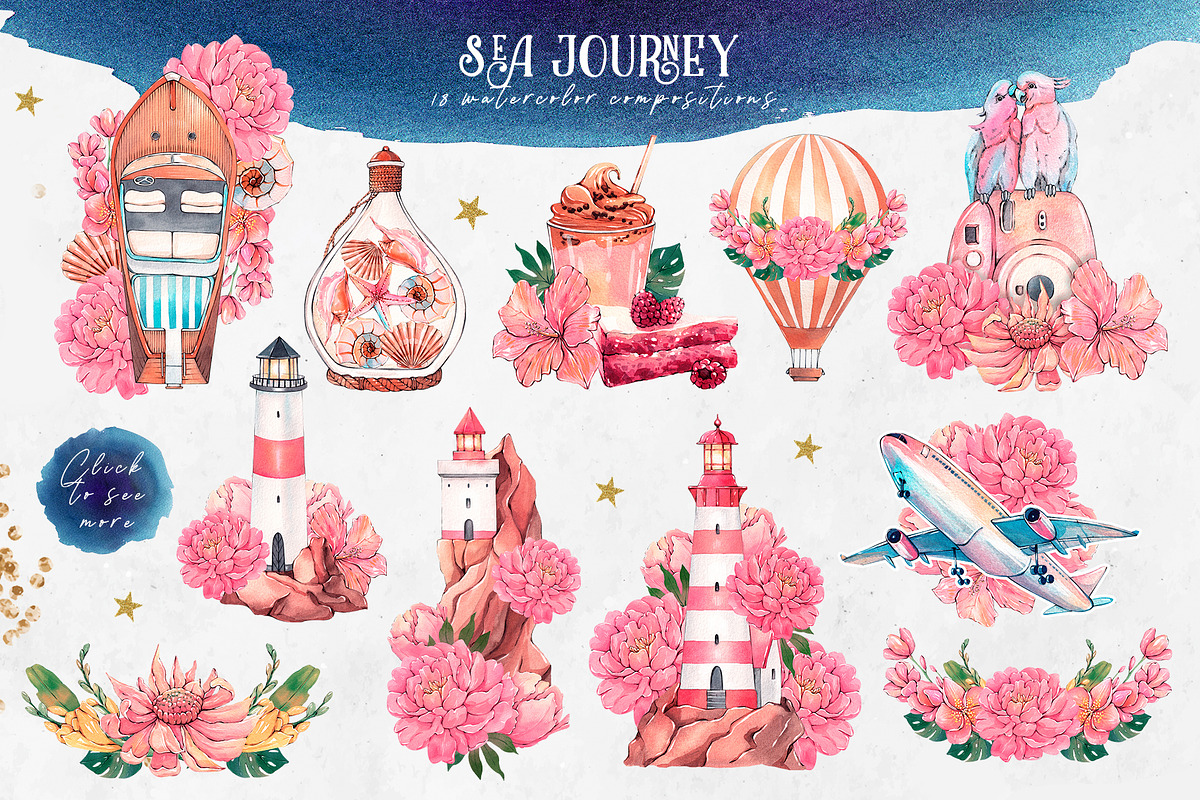 Sea journey. Summer watercolor set, an Object Illustration by VerAna (Photo 2 of 19)