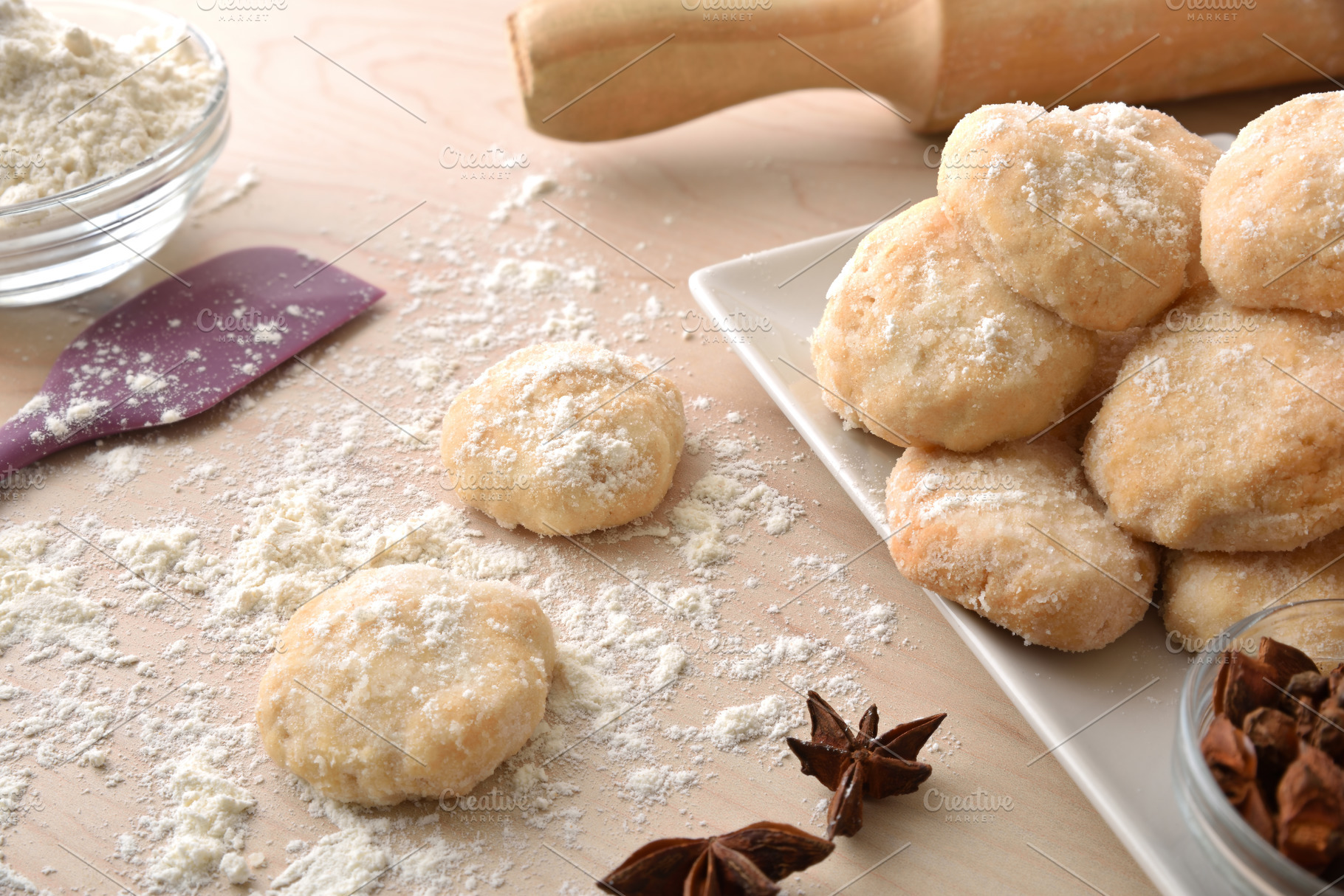 Detail of freshly made anise cookies on wooden bench, a Food & Drink Photo by Davizro's Market