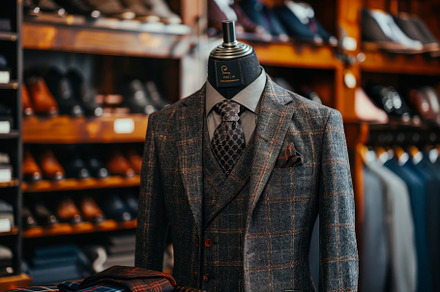 A tailored suit is displayed on a ma, a Photo by Tanuart