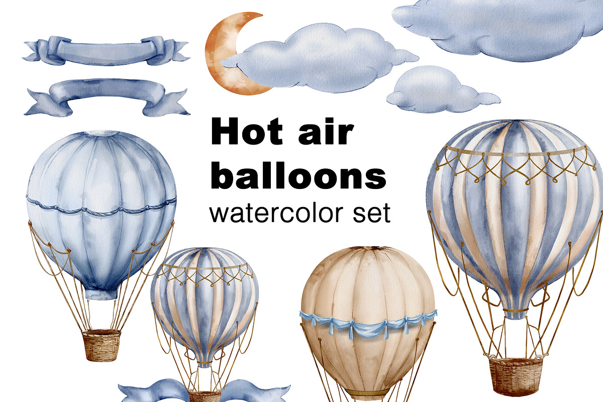 Hot air balloons watercolor clipart, an Object Illustration by Pattern + watercolor (Photo 1 of 5)