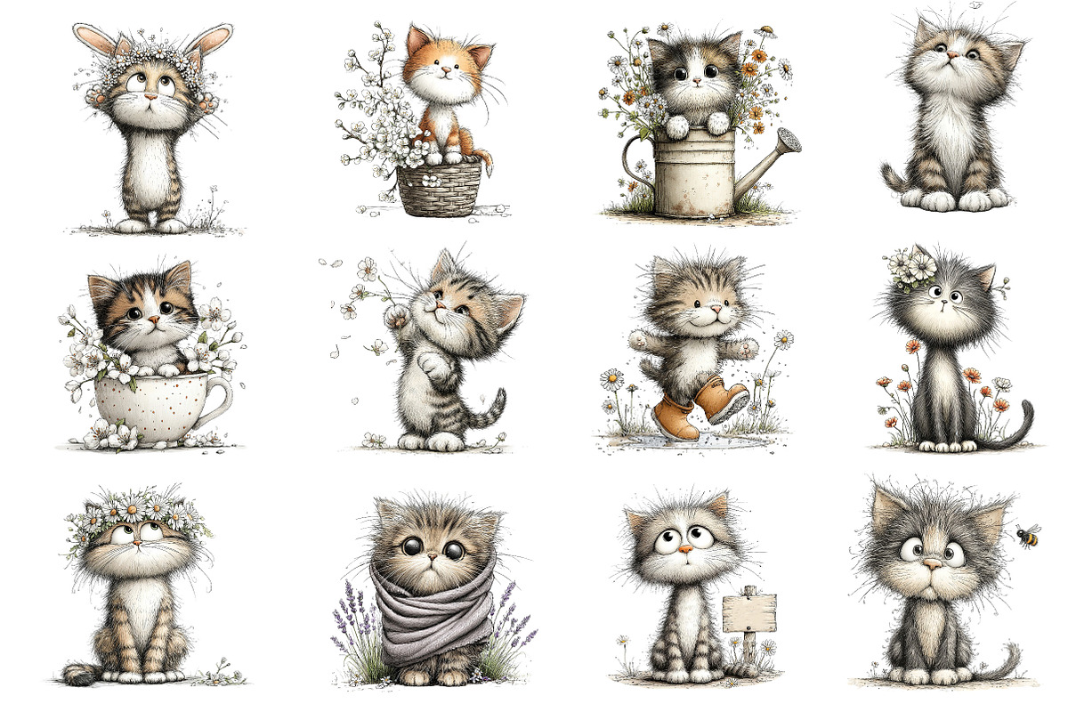 Spring Cat Whimsical Clipart Bundle, an Illustration by Dream Creation (Photo 3 of 6)