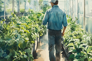 A person walking through a greenhouse filled with lush green plants. Sunlight f, a Technology Photo by Textures & Backgrounds
