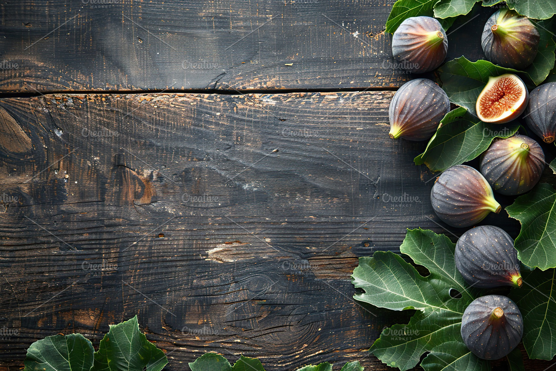 Fresh figs with copyspace on wooden table, a Food & Drink Photo by AlyaAnd