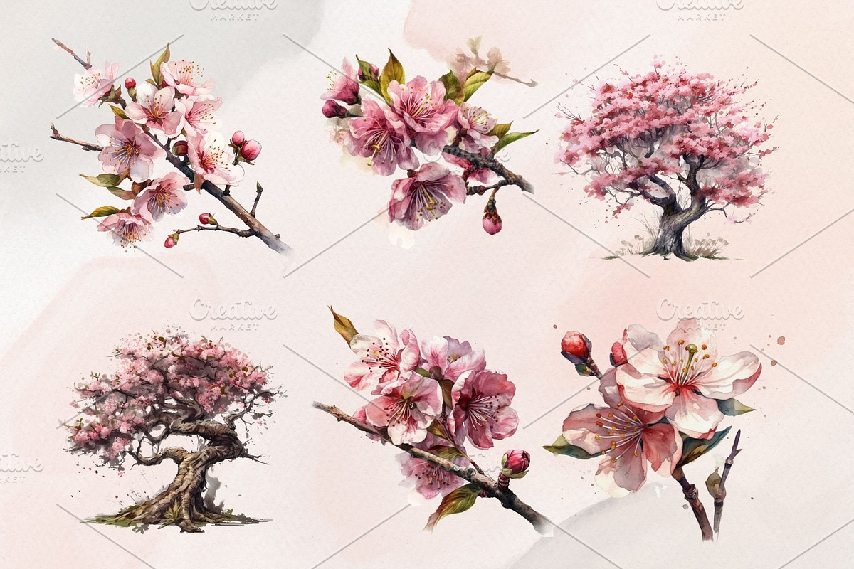 12 Watercolor Cherry Blossom Clipart, a Decorative Illustration by Jalina Clipart Studio (Photo 3 of 9)