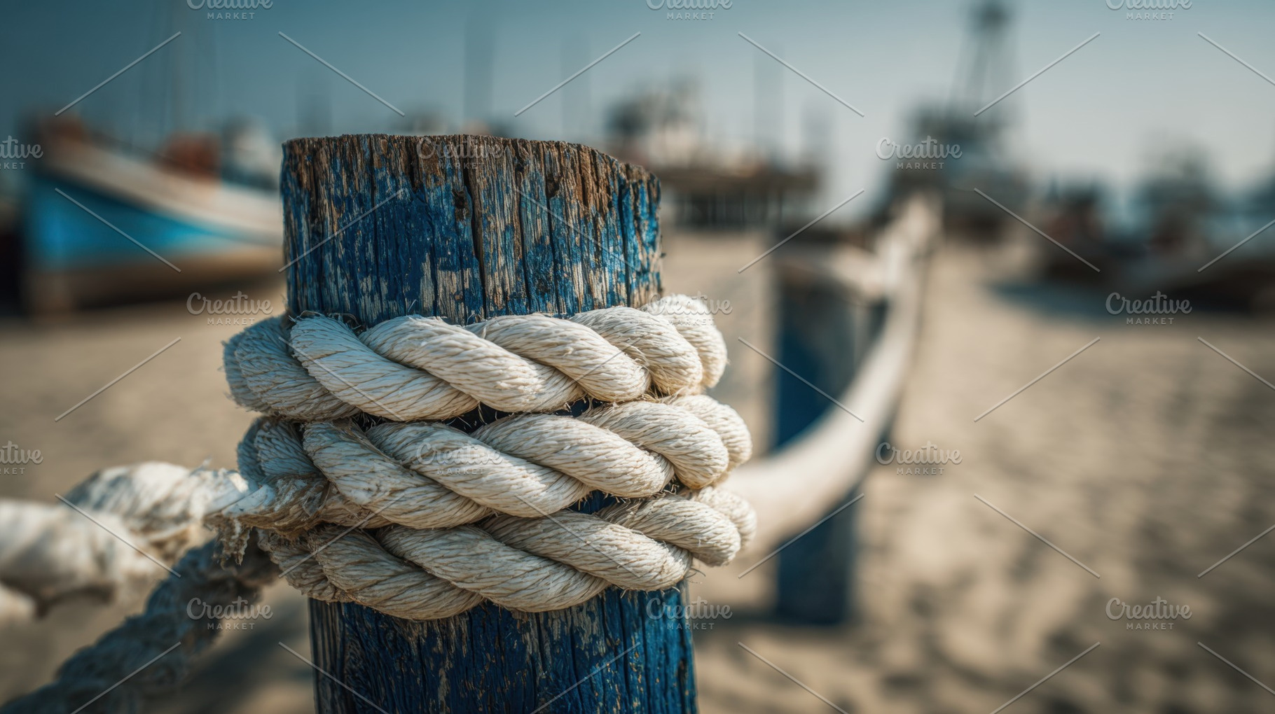 Harbor scene with rope tied to post, a Photo by Beautiful things