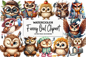 Watercolor Funny Owl Clipart, an Illustration by DreamArtGraphic