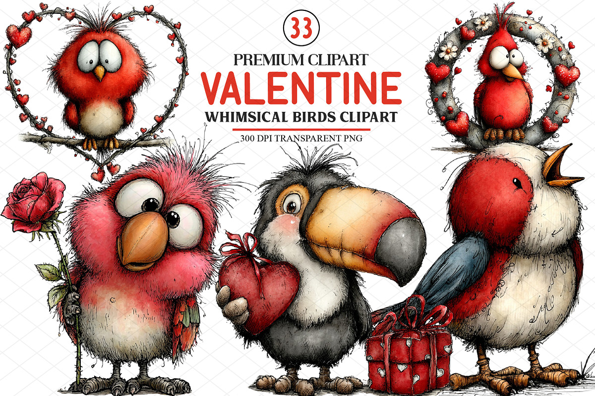Whimsical Valentine Birds Clipart, an Illustration by cherrydesign (Photo 1 of 4)
