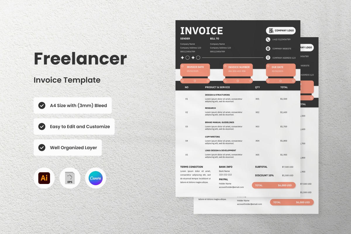 3 Set Freelancer Invoice Template V6, a Print Template by twinstd (Photo 2 of 3)